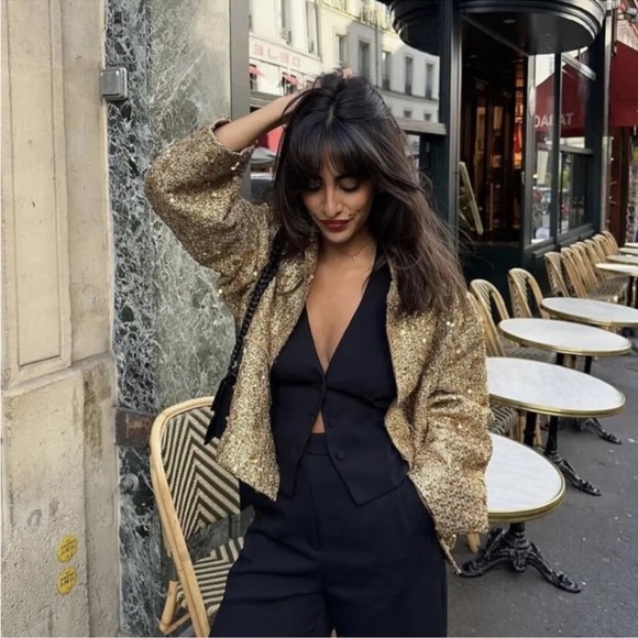 ZARA NEW COLLECTION GOLD SEQUIN JACKET BOMBER - Picture 11 of 16